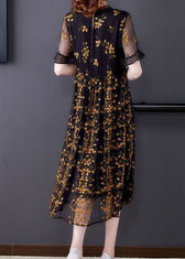 Style Black Ruffled Collar Embroideried Tulle Cinched Dress Summer 5