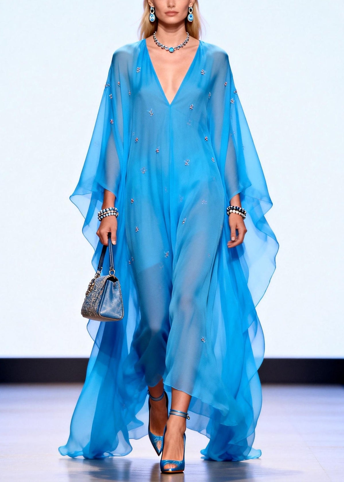 Deep V-Neck Batwing Sleeve Beaded Sheer Chiffon Kaftan Maxi Dress - View 5