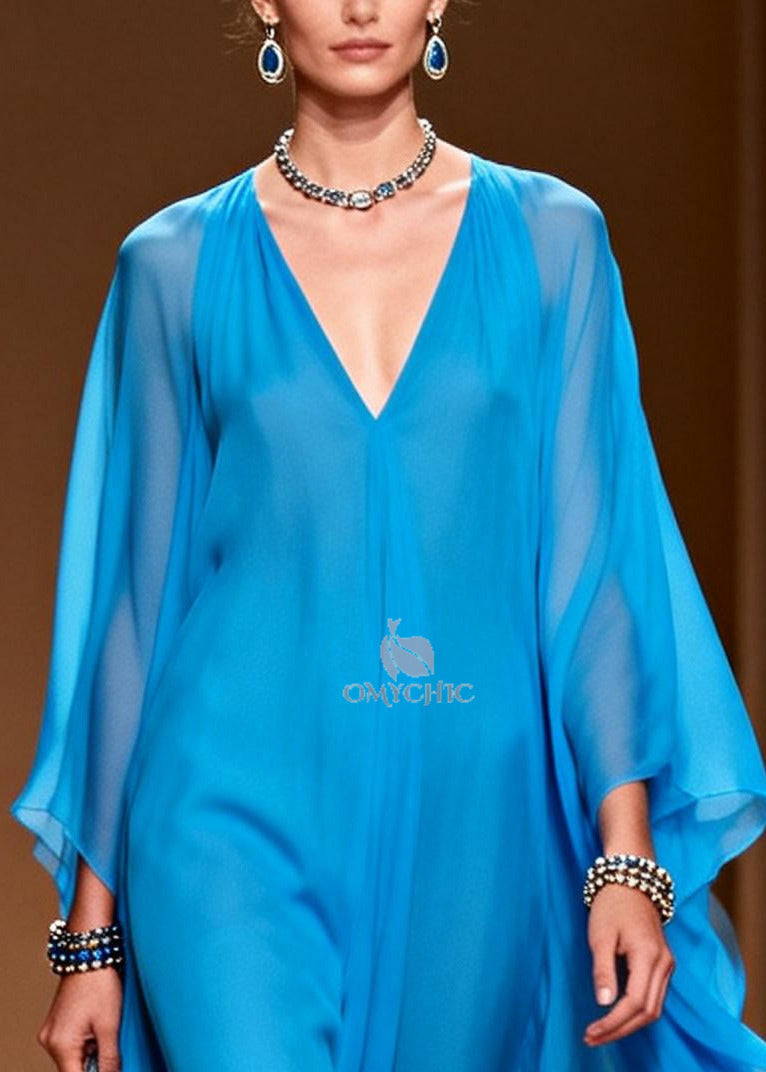 Sheer Chiffon V-Neck Batwing Sleeve Draped Kaftan Maxi Dress 2