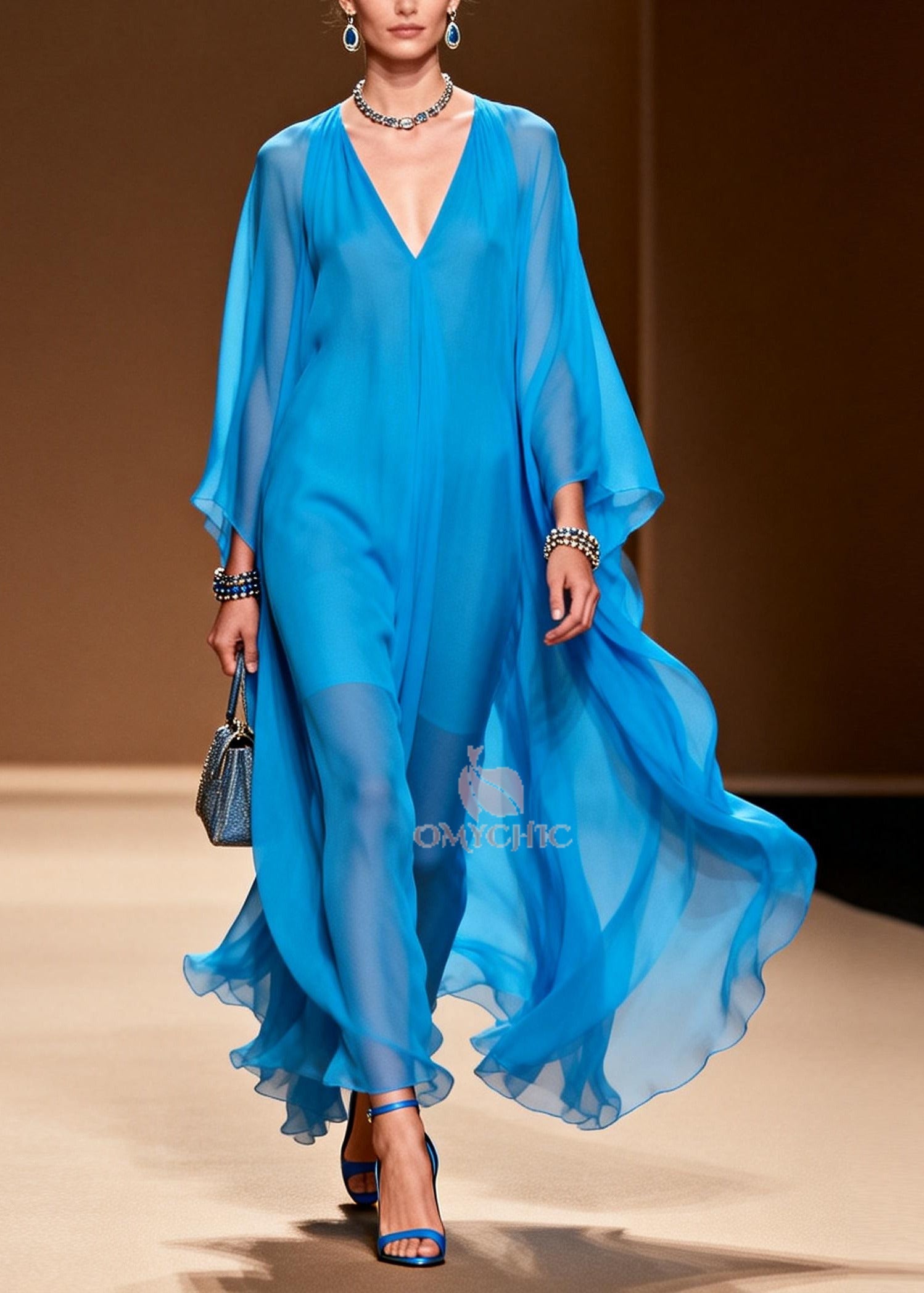 Style Blue Oversized Draping Chiffon Maxi Dress Summer