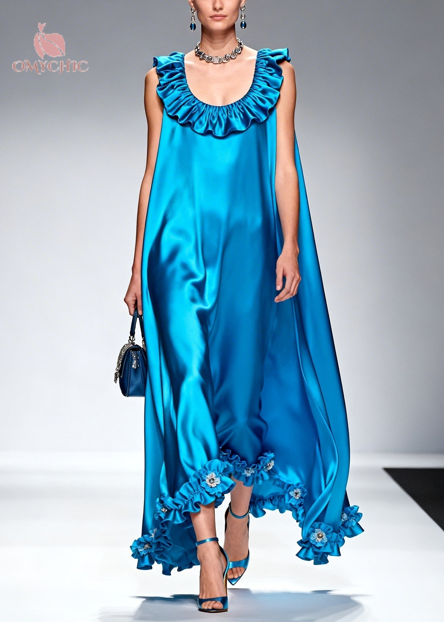 Style Blue Ruffled Floral Silk Robe Dresses Sleeveless - View 5