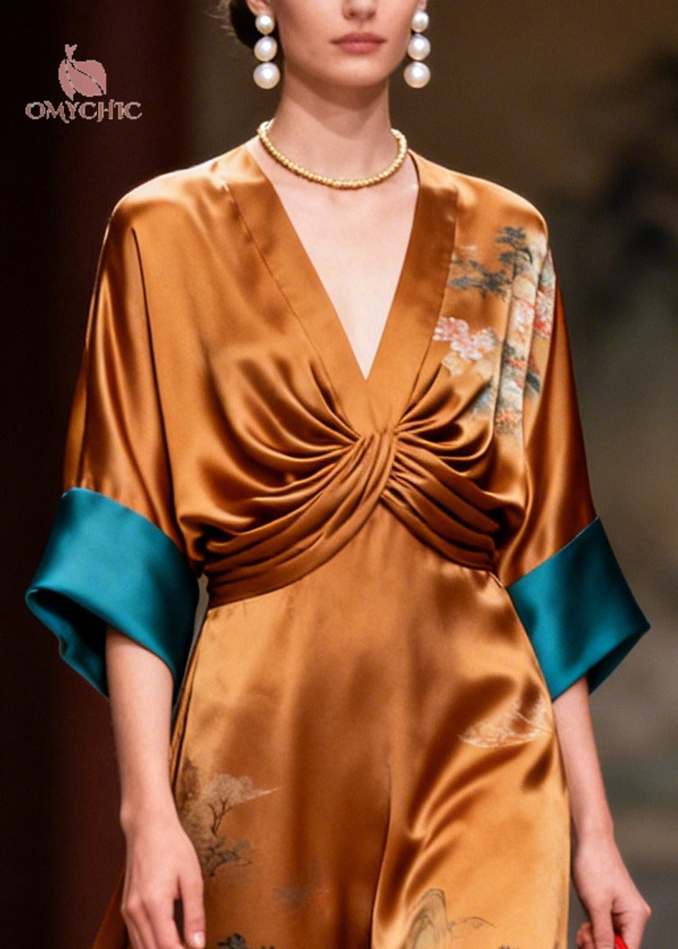 Style Brown Print Nail Bead Draping Silk Long Dress Summer