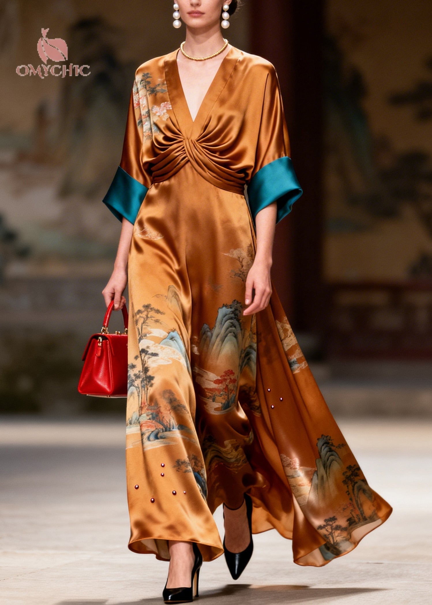 Satin Landscape Print Deep V-Neck Twist Front Rhinestone Trim Maxi Gown
