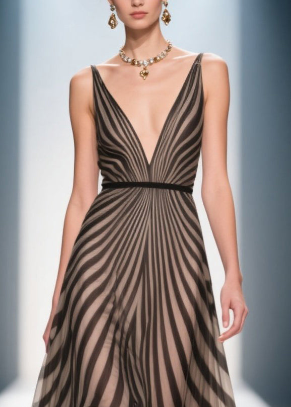 Style Brown Ruffled Striped Chiffon Evening Dress Summer 2