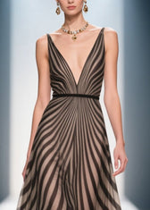 Style Brown Ruffled Striped Chiffon Evening Dress Summer 2