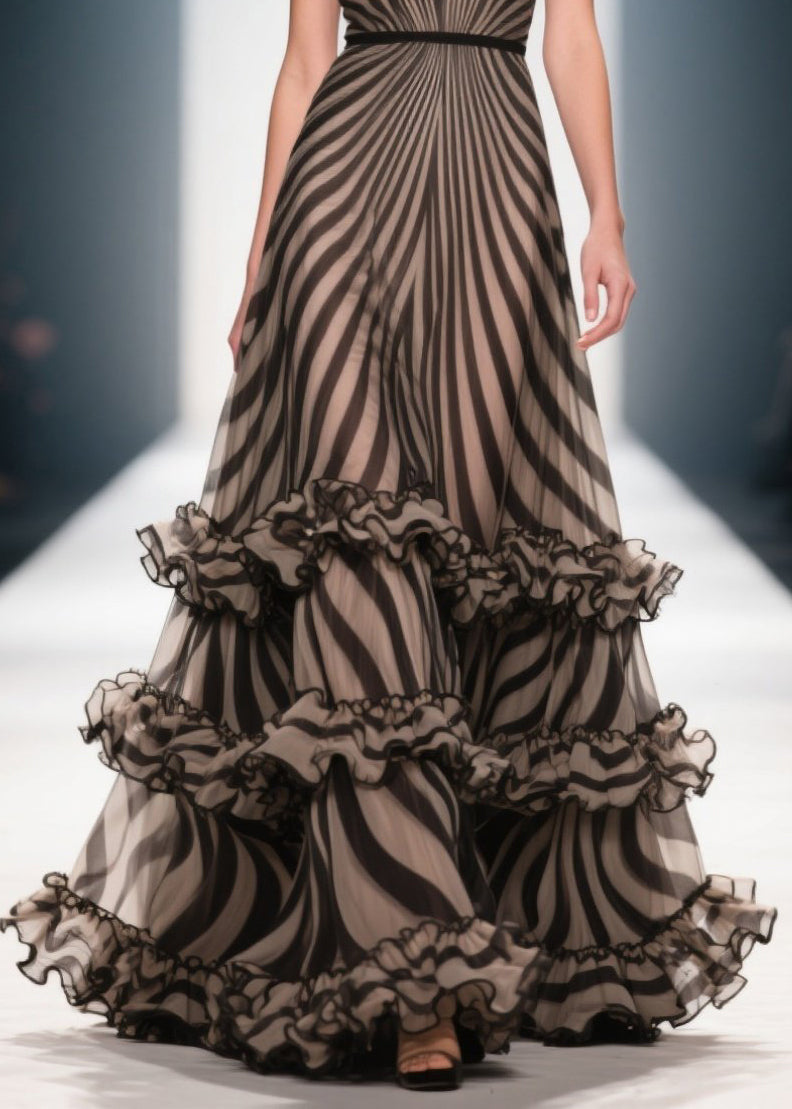 Style Brown Ruffled Striped Chiffon Evening Dress Summer 4