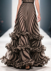 Style Brown Ruffled Striped Chiffon Evening Dress Summer 4