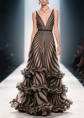 Style Brown Ruffled Striped Chiffon Evening Dress Summer 5