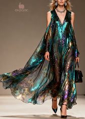 Style Cold Shoulder Print Zircon Chiffon Maxi Dresses Summer