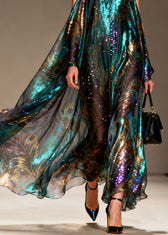 Style Cold Shoulder Print Zircon Chiffon Maxi Dresses Summer 4