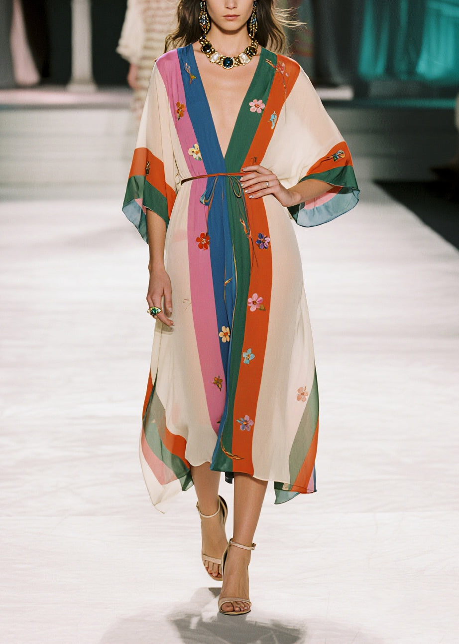 Floral Embroidery Striped Deep V-Neck Kimono Sleeve Tie Waist Kaftan Midi Dress