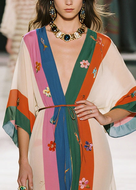 Floral Embroidery Striped Deep V-Neck Kimono Sleeve Tie Waist Kaftan Midi Dress