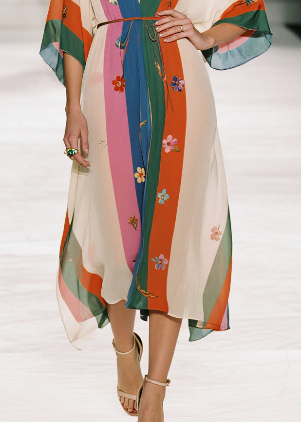 Floral Embroidery Striped Deep V-Neck Kimono Sleeve Tie Waist Kaftan Midi Dress