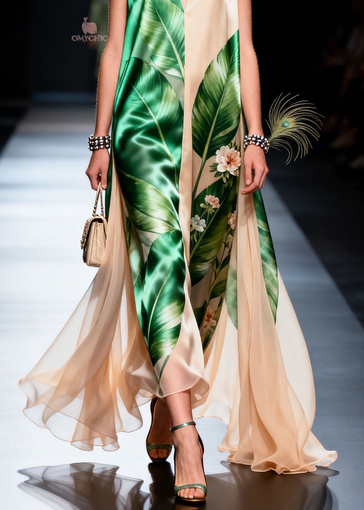 Tropical Leaf Print V-Neck Sleeveless Floral Applique Layered Cape Hem Maxi Gown