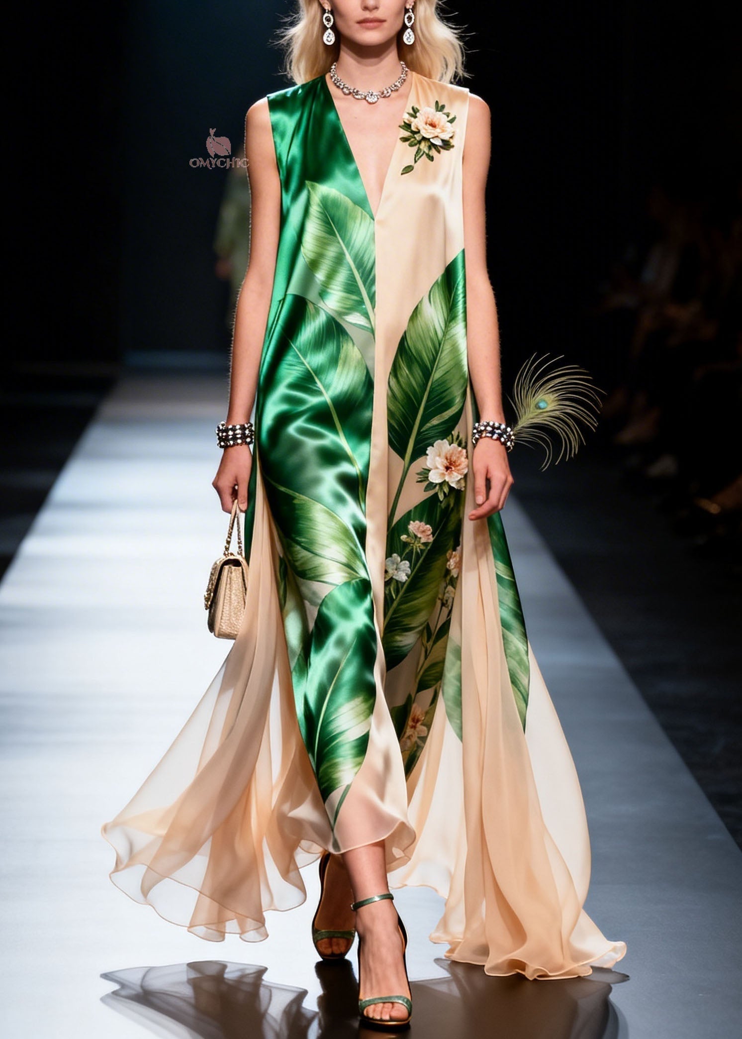 Tropical Leaf Print V-Neck Sleeveless Floral Applique Layered Cape Hem Maxi Gown
