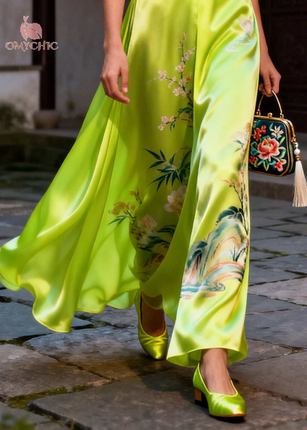 Style Fluorescent Green Print Nail Bead Silk Maxi Dresses Summer