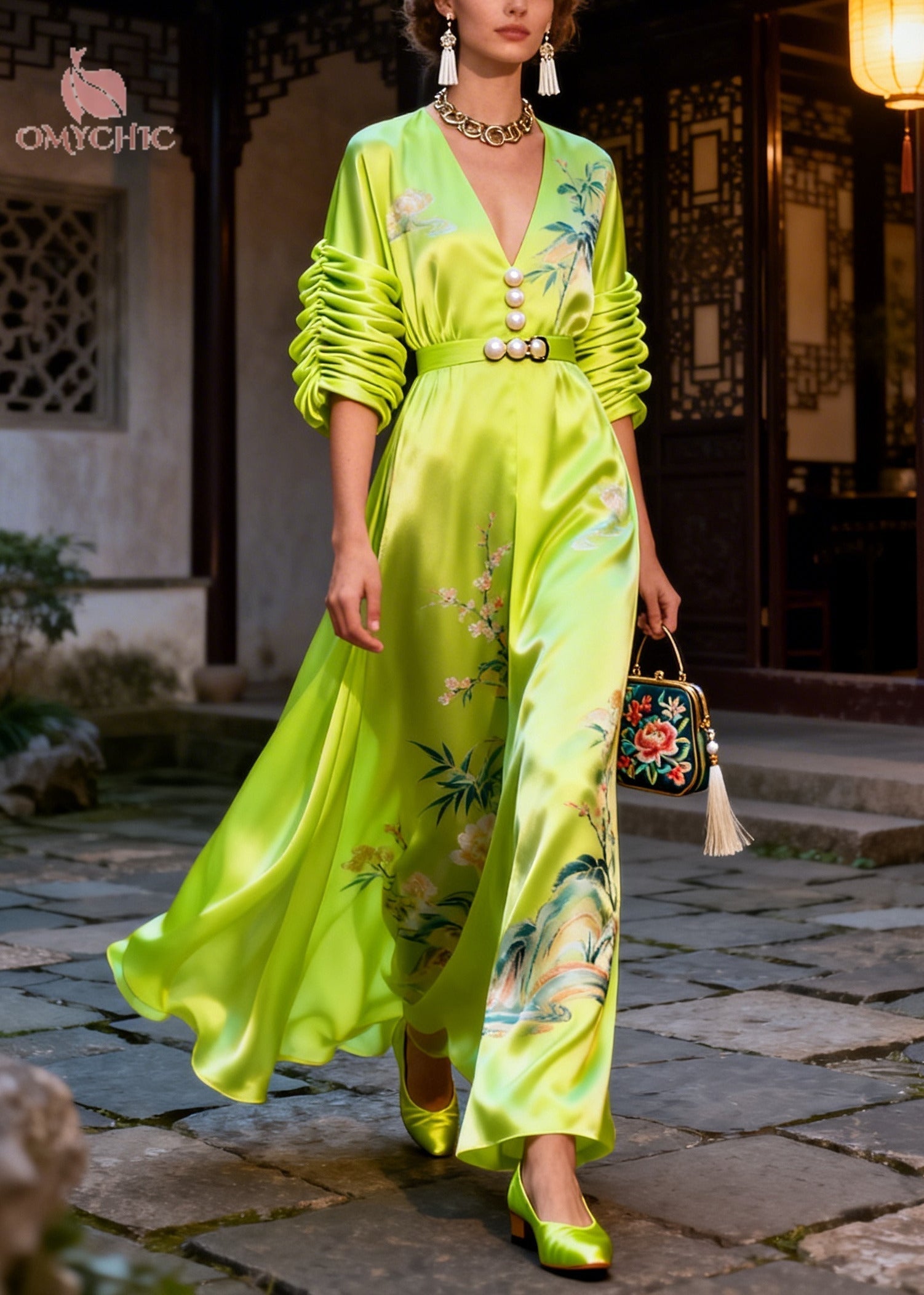 Cherry Blossom Bamboo Print Satin Pearl Button Ruched Sleeve Wide Leg Maxi Jumpsuit