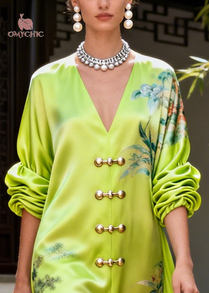 Style Fluorescent Green V Neck Print Silk Vacation Dresses Summer