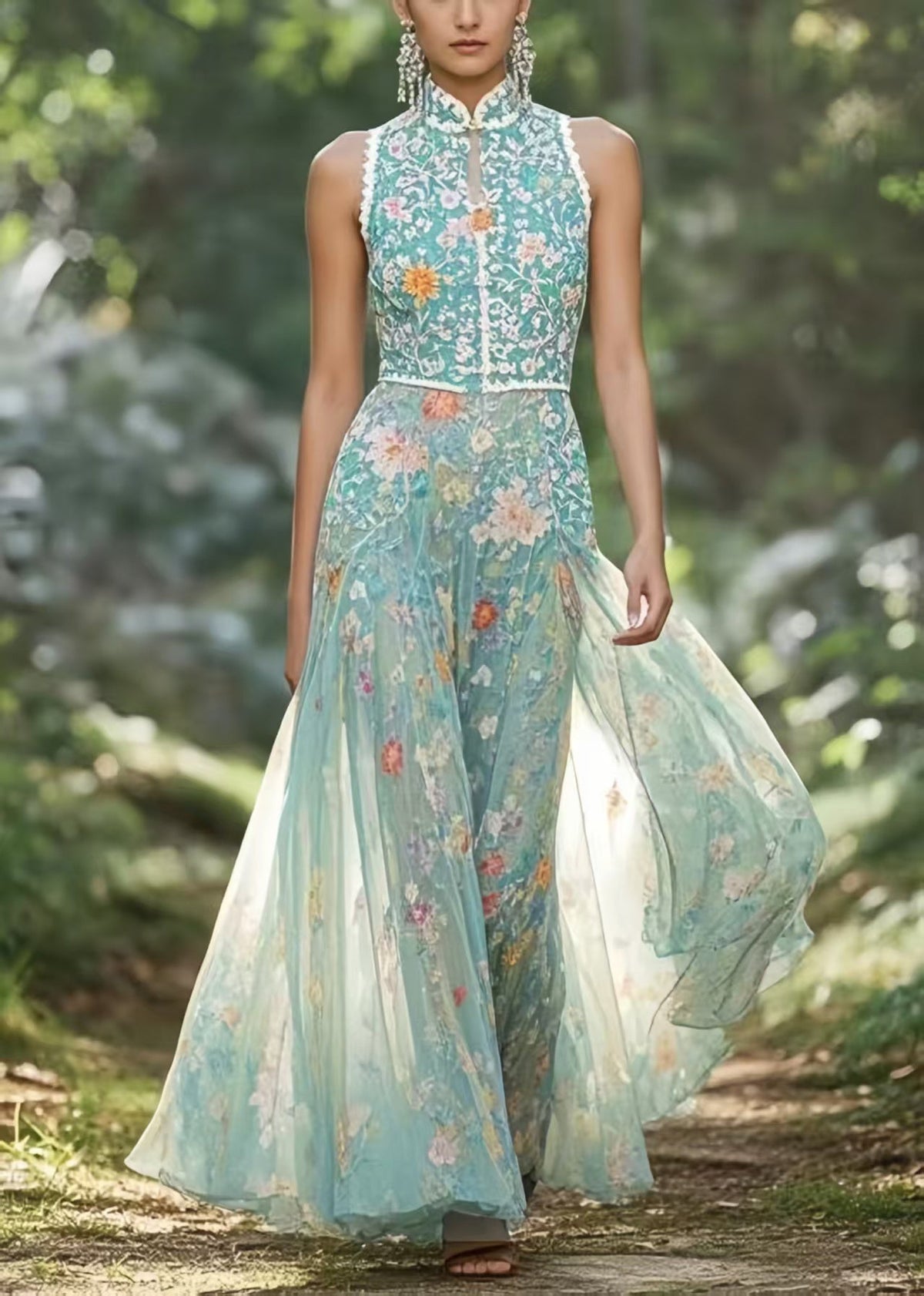 Mandarin Collar Chiffon Floral Sleeveless Dress - View 5
