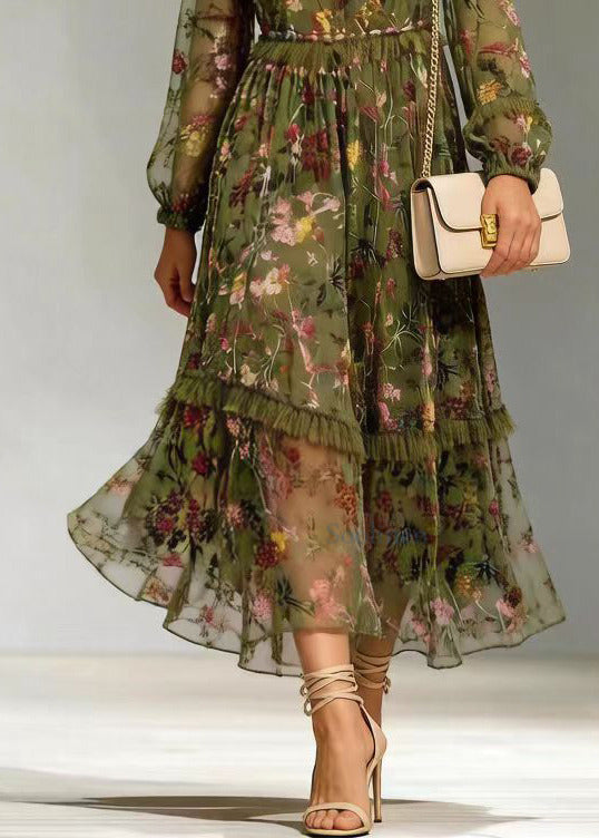 Floral Print High Neck Long Sleeve Tiered Ruffle Chiffon Midi Dress