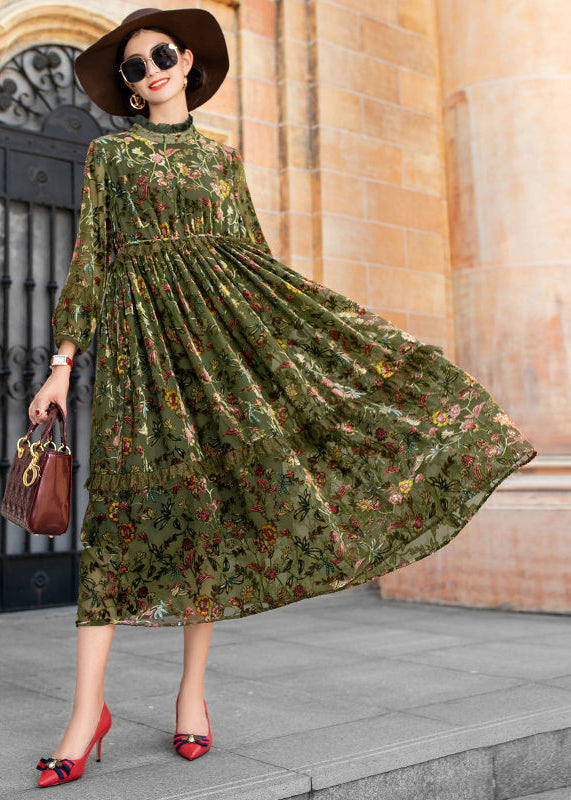 Burnout Velvet Floral Mock Neck Tiered Fringe Long Sleeve Maxi Dress