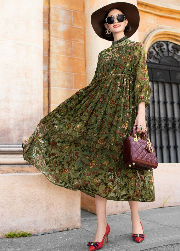Burnout Velvet Floral Mock Neck Tiered Fringe Long Sleeve Maxi Dress