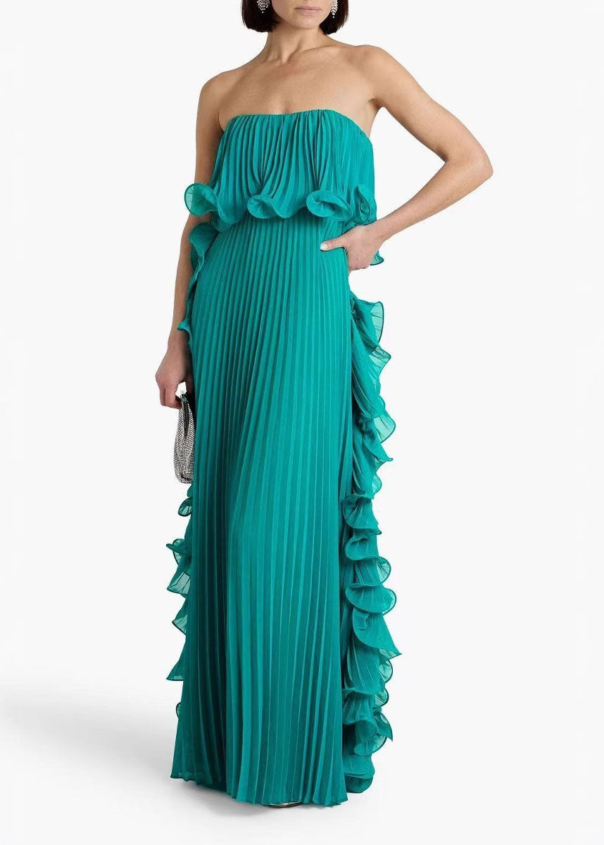 Style Green Ruffled Wrinkled Patchwork Chiffon Strapless Long Dress
