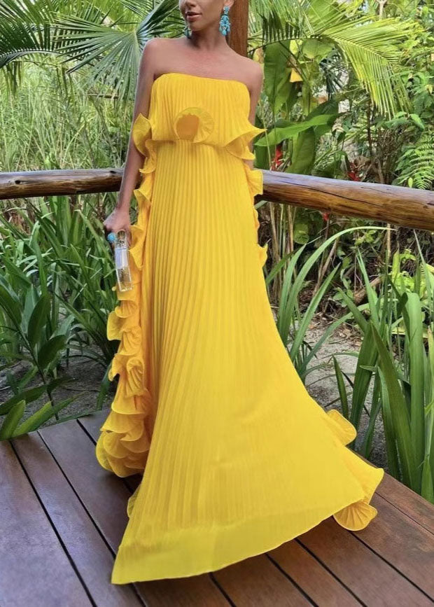 Style Green Ruffled Wrinkled Patchwork Chiffon Strapless Long Dress 2