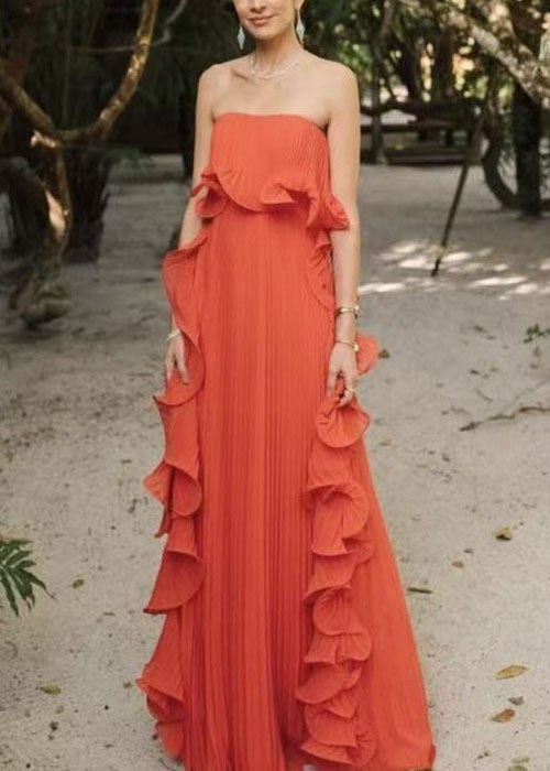 Style Green Ruffled Wrinkled Patchwork Chiffon Strapless Long Dress 3