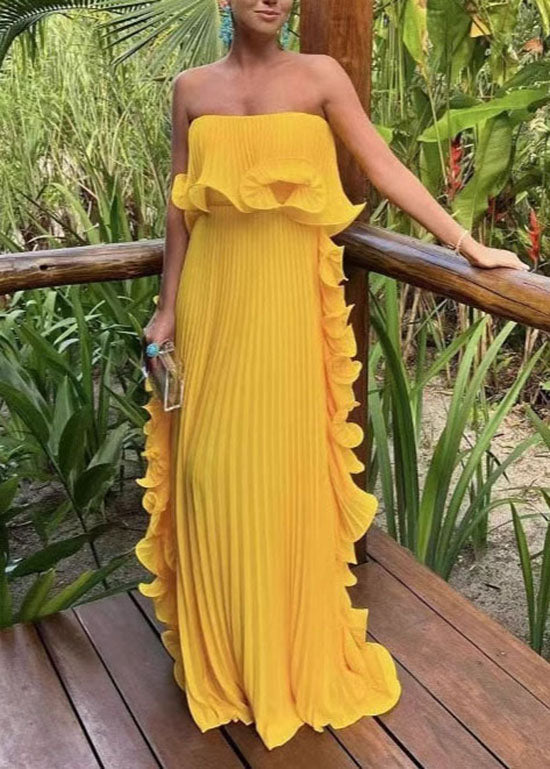 Style Green Ruffled Wrinkled Patchwork Chiffon Strapless Long Dress 5