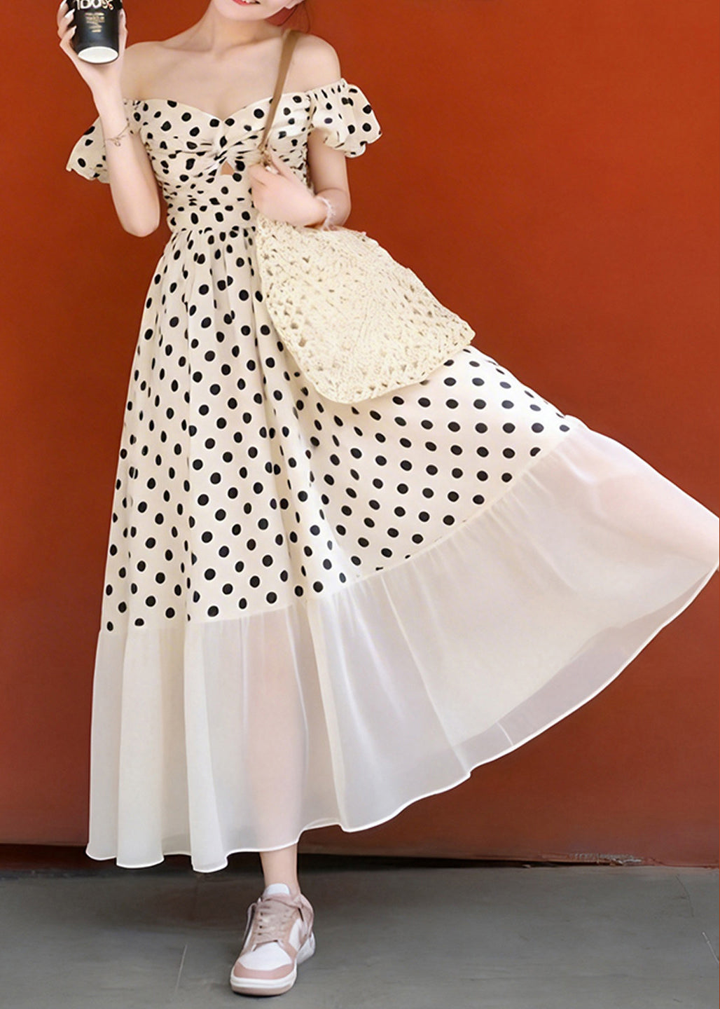 Polka Dot Off Shoulder Sweetheart Knot Cut Out Ruffle Sleeve Tiered Hem Maxi Dress