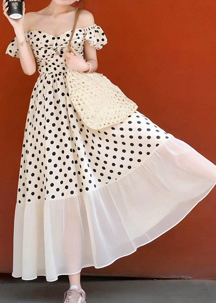Polka Dot Off Shoulder Sweetheart Knot Cut Out Ruffle Sleeve Tiered Hem Maxi Dress