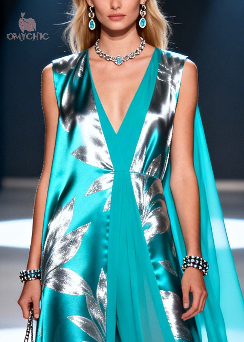 Style Lake Blue Jacquard Patchwork Chiffon Maxi Dresses Summer - View 2