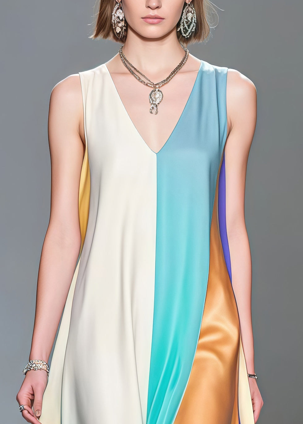 Deep V-Neck Sleeveless Satin Paneled High Split Asymmetrical Maxi Gown