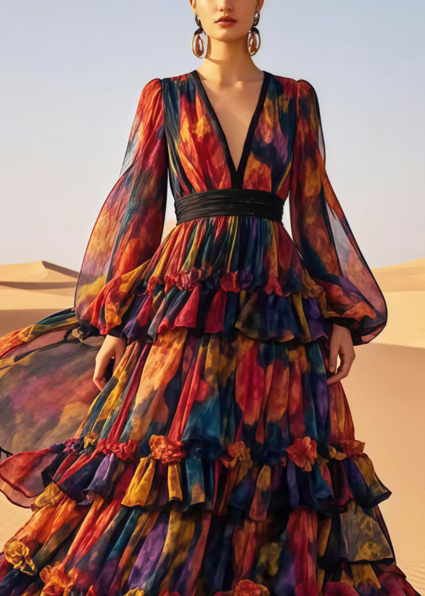 Chiffon Deep V-Neck Bishop Sleeve Pleated Waist Tiered Ruffle Maxi Gown