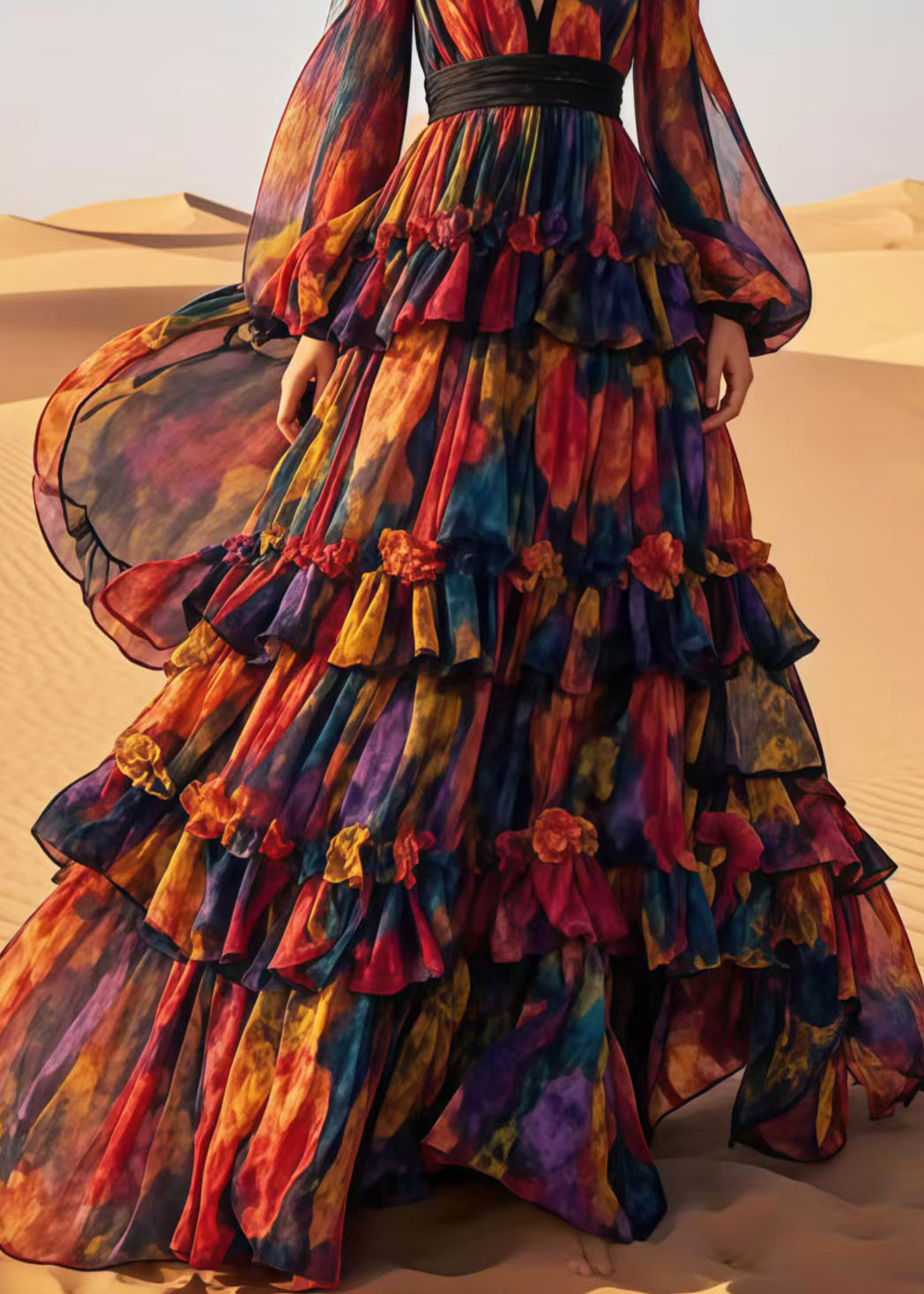 Chiffon Deep V-Neck Bishop Sleeve Pleated Waist Tiered Ruffle Maxi Gown