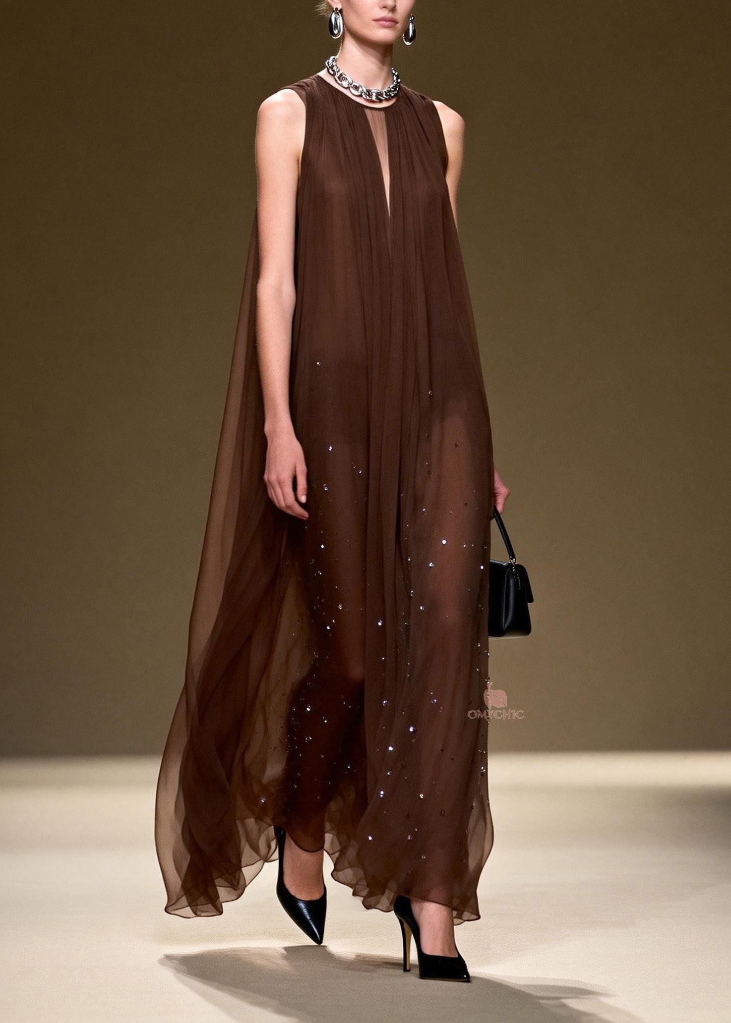 Rhinestone Scatter Round Neck Pleated Sheer Chiffon Maxi Gown