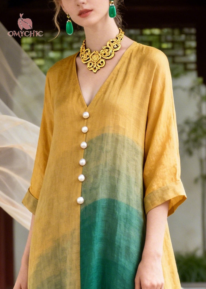 V-Neck Pearl Button Color Block Wide Sleeve Side Slit A-Line Midi Dress