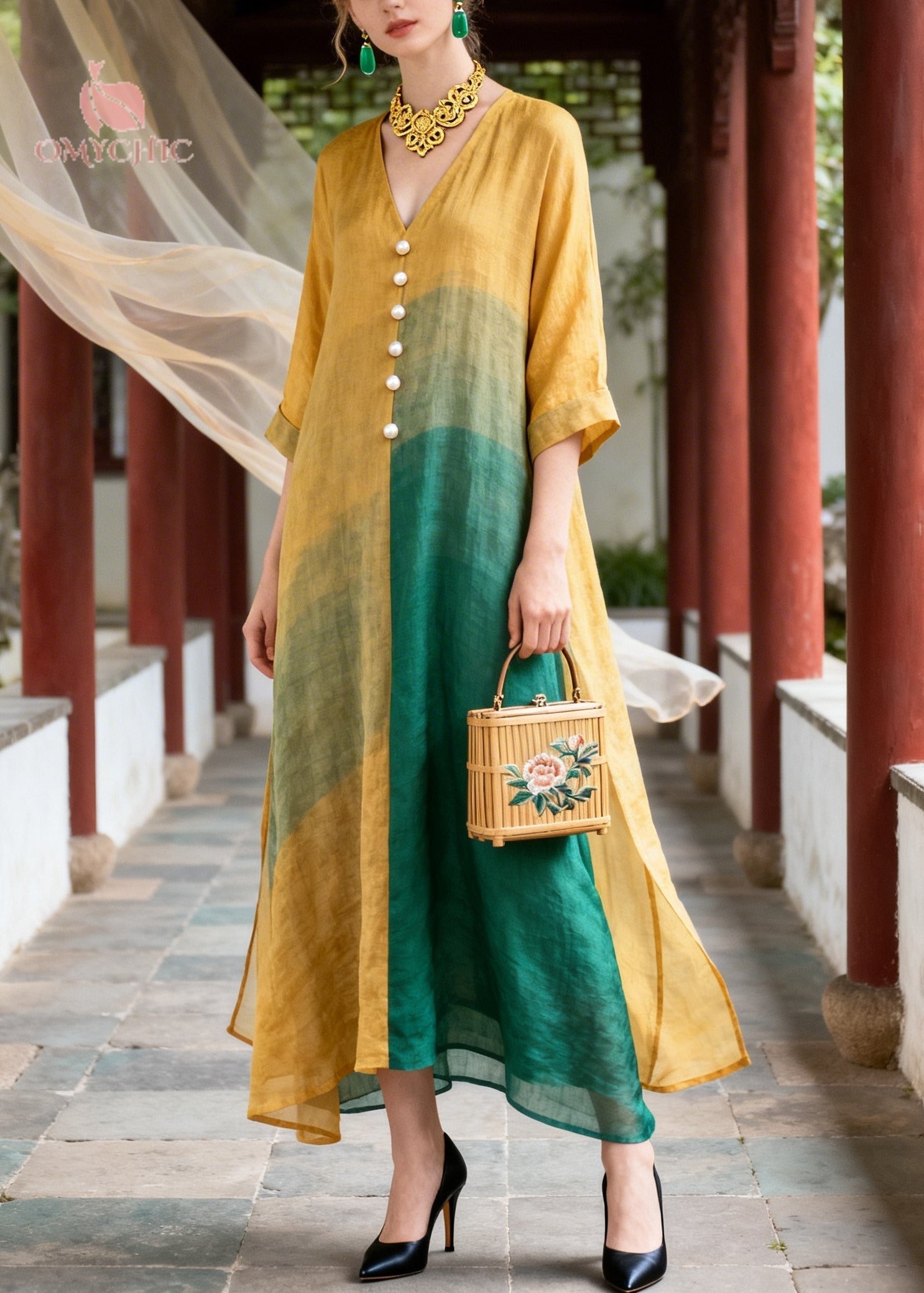 V-Neck Pearl Button Color Block Wide Sleeve Side Slit A-Line Midi Dress