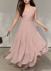 Style Pink Exra Large Hem Draping Chiffon Spaghetti Strap Dress Summer