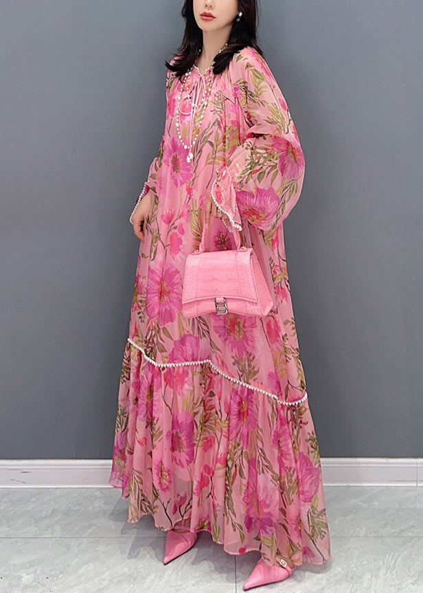 Floral Chiffon Long Sleeve Faux Pearl Trim Tiered Maxi Dress