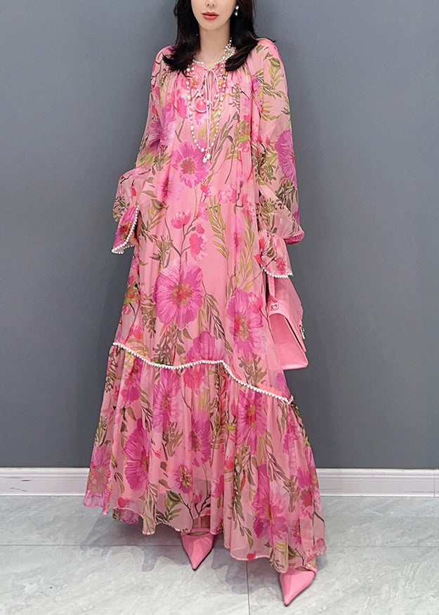 Style Pink Print Patchwork Chiffon Dress Long Sleeve - View 2