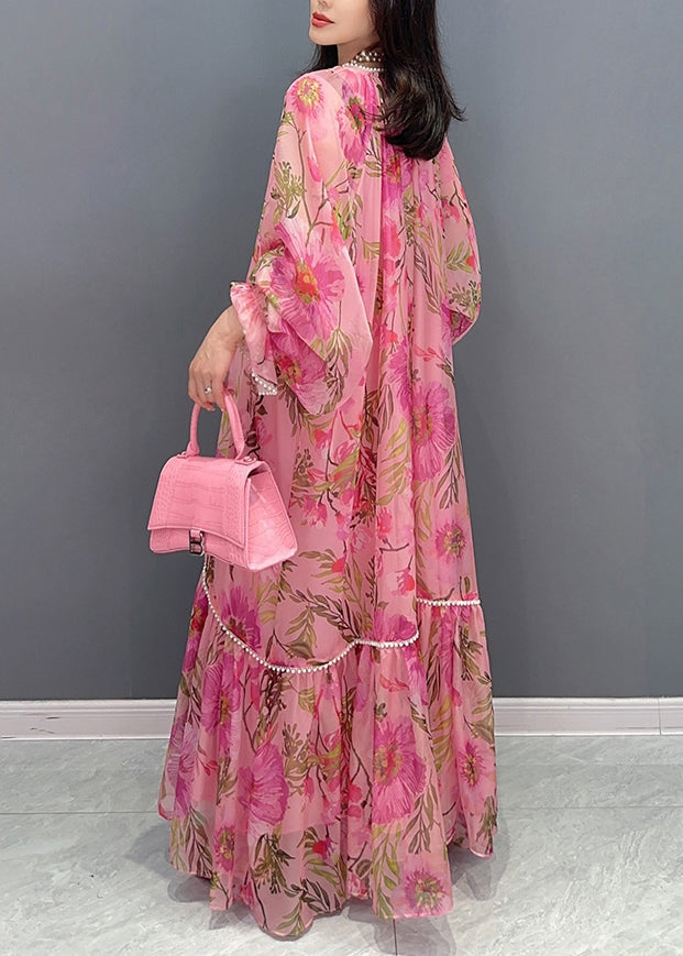 Style Pink Print Patchwork Chiffon Dress Long Sleeve - View 4