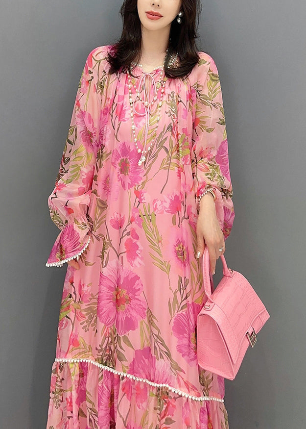 Style Pink Print Patchwork Chiffon Dress Long Sleeve - View 5