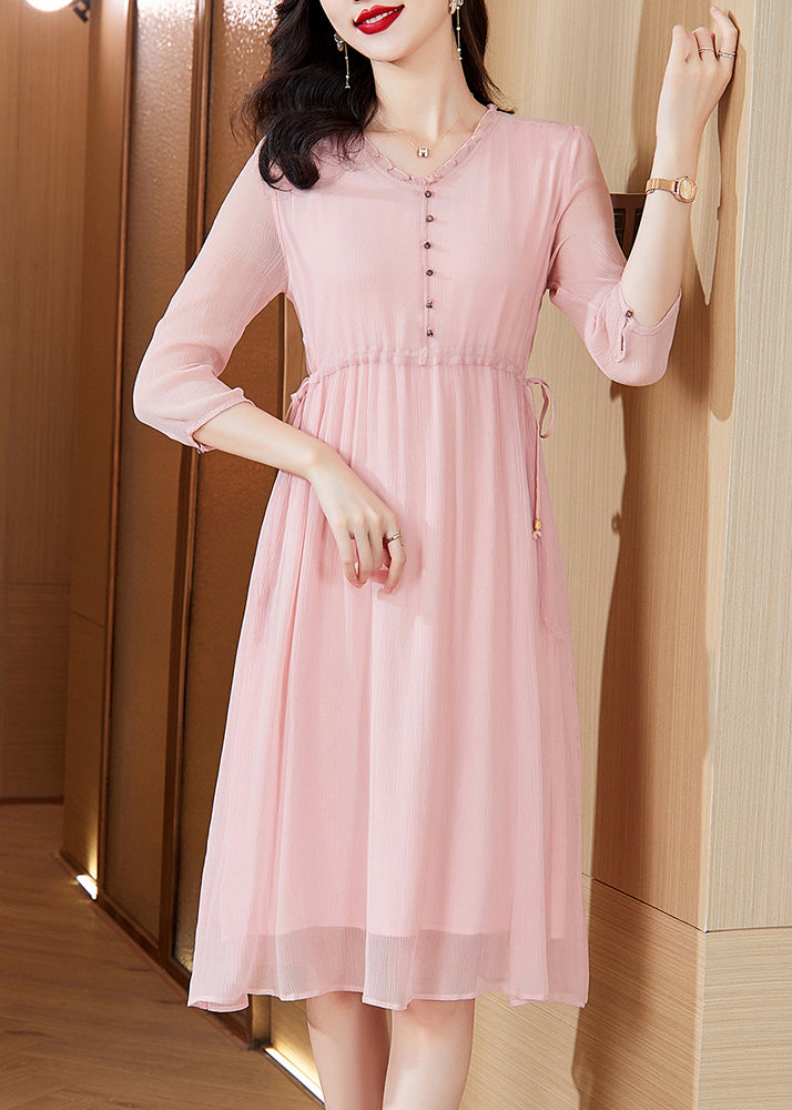 Chiffon V-Neck Ruffle Trim Button Front Drawstring Waist Pocket Layered Midi Dress