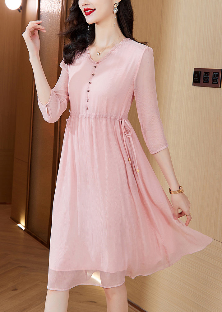 Chiffon V-Neck Ruffle Trim Button Front Drawstring Waist Pocket Layered Midi Dress