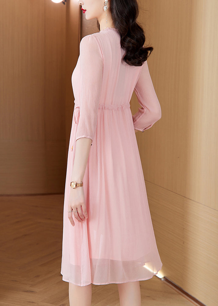 Chiffon V-Neck Ruffle Trim Button Front Drawstring Waist Pocket Layered Midi Dress