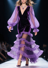 Style Purple Layered Ruffled Patchwork Silk Velvet Party Dresses Spring 3