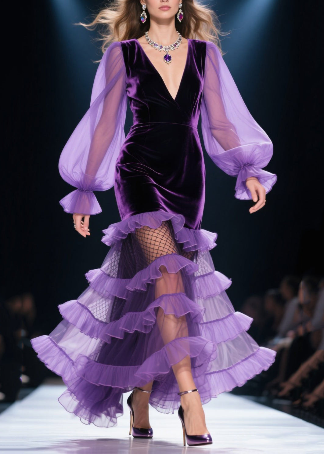 Style Purple Layered Ruffled Patchwork Silk Velvet Party Dresses Spring 5