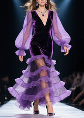 Style Purple Layered Ruffled Patchwork Silk Velvet Party Dresses Spring 5